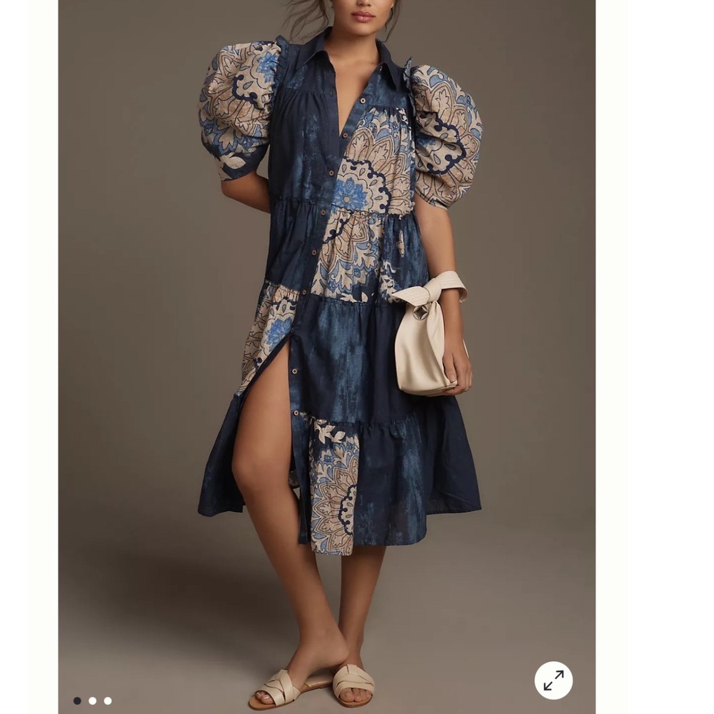 Let Me Be Anthropologie Puff Sleeve Patchwork Tiered Midi Shirt Dress Small